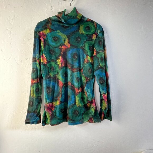 Women's Blue Green Floral Print Turtleneck Long Sleeve Mesh Top Casual - Picture 1 of 6